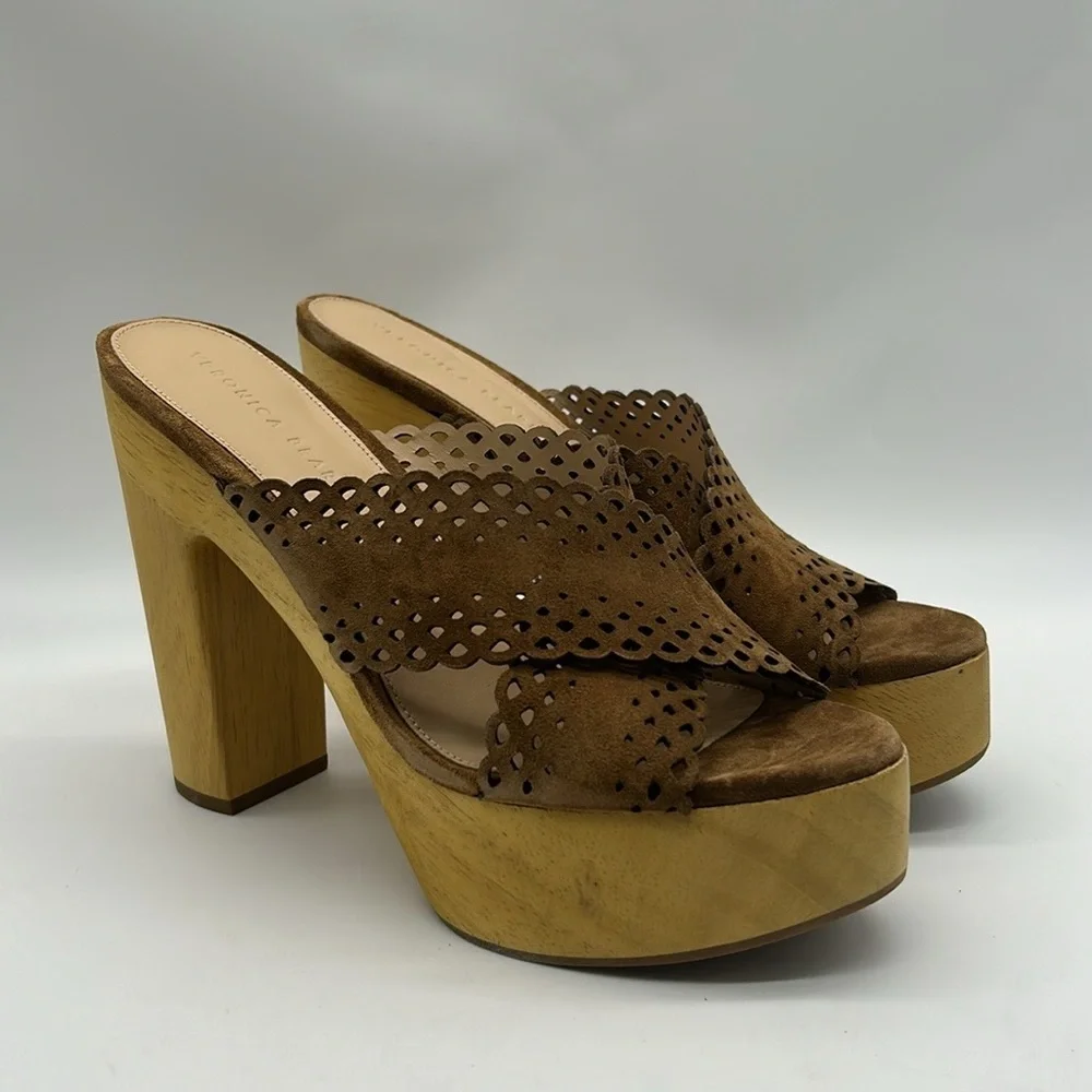 Veronica Beard Gaynor Platform Mules Women’s 9 Brown Suede Laser Cut Wooden Heel